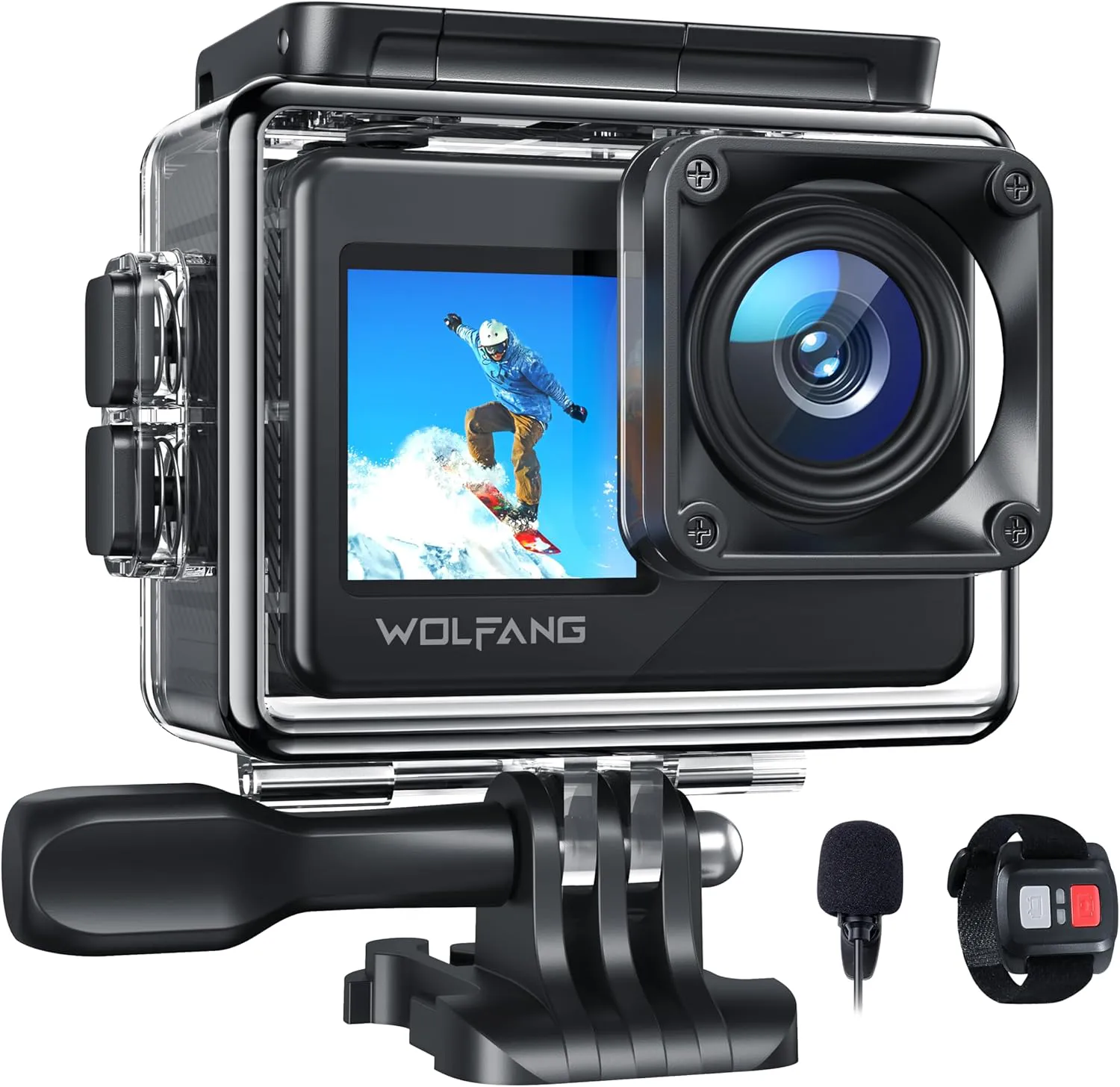 Bild von WOLFANG GA120 4K Action Cam mit 20 MP, WiFi, 40 m wasserdicht, 170° Weitwinkel, Dual Screen und Bildstabilisierung, inklusive Helmhalterung und Zubehör