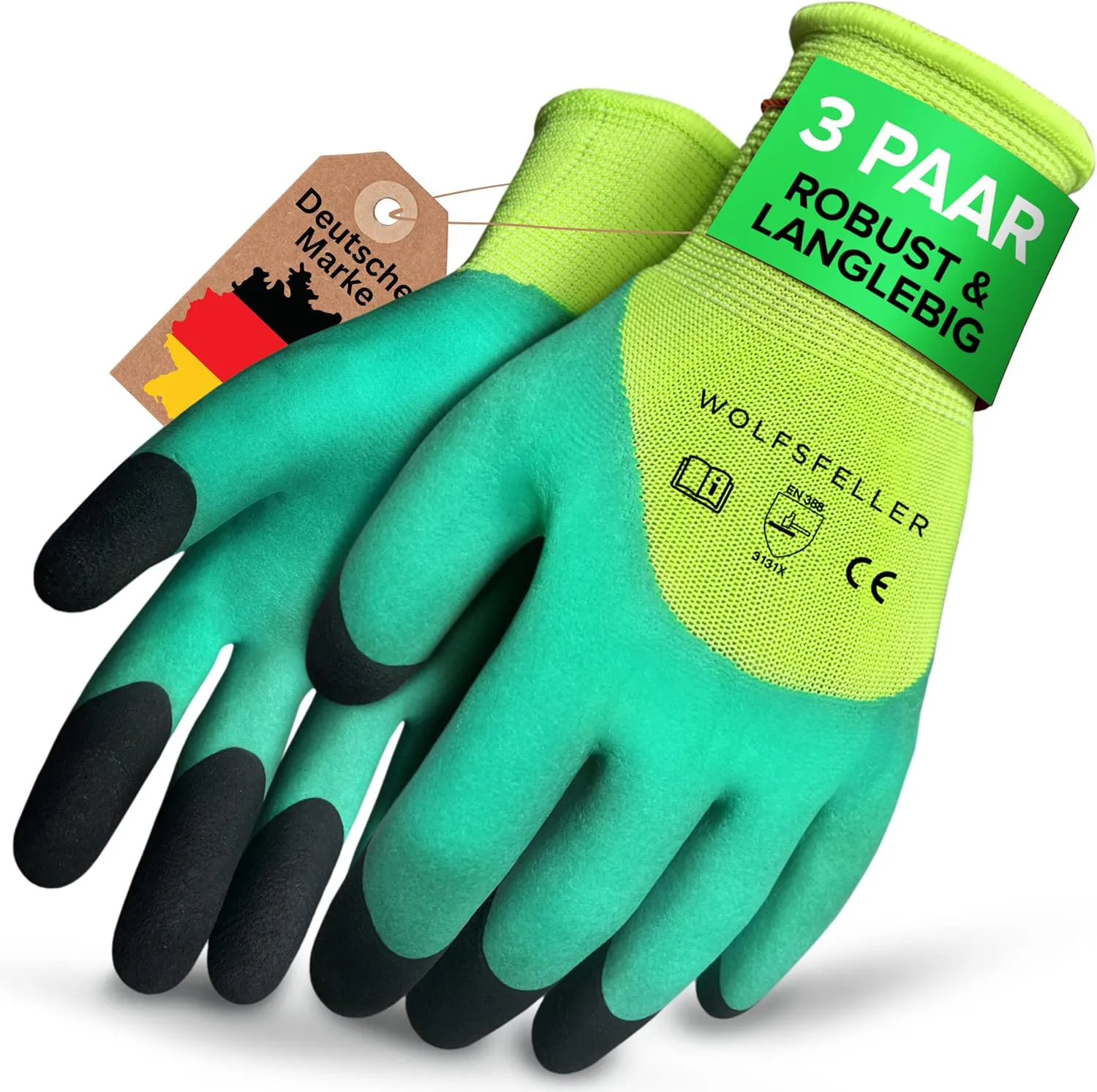 Bild von WOLFSFELLER 3 Paar robuste Gartenhandschuhe für Damen und Herren Größe 10 mit doppelt beschichteten Fingerspitzen