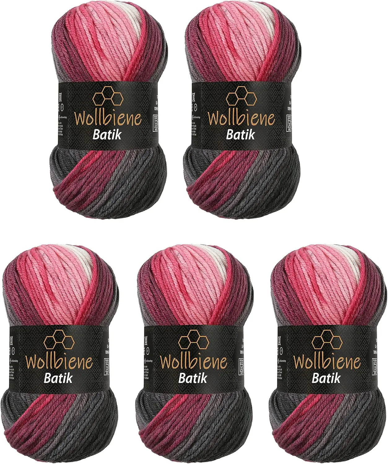 Bild von Wollbiene Batik Set mit 500 Gramm mehrfarbiger Strick- und Häkelwolle in grau, beere und weiß