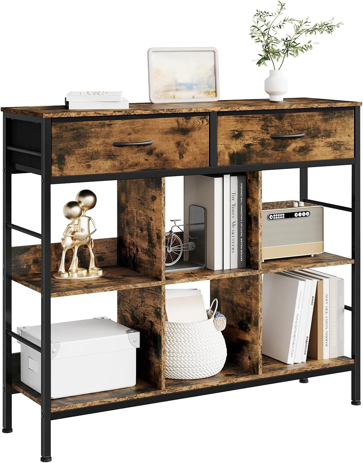 Bild von WOLTU Bücherregal mit 2 Schubladen und 6 offenen Fächern in rustikalem Braun und Schwarz, freistehend für Wohnzimmer, Arbeitszimmer und Schlafzimmer