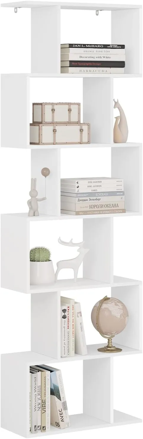 Bild von WOLTU Bücherregal SK044ws mit 6 Ebenen in Weiß, S-förmiges, modernes Design für Wohnzimmer, Schlafzimmer und Büro, Maße 60x189,5x24 cm