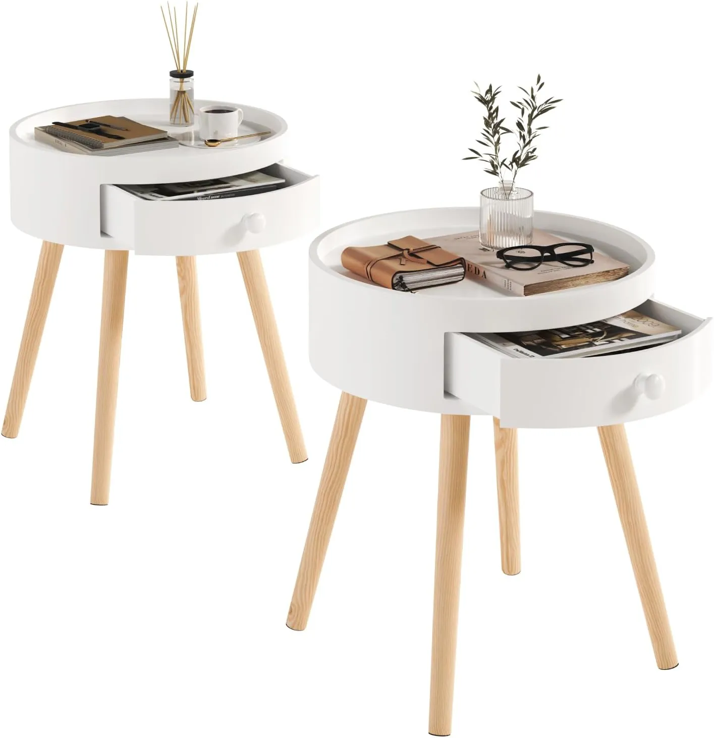 Bild von WOLTU Nachttisch Set mit 2 Beistelltischen in Weiß aus MDF mit Schublade und Beinen