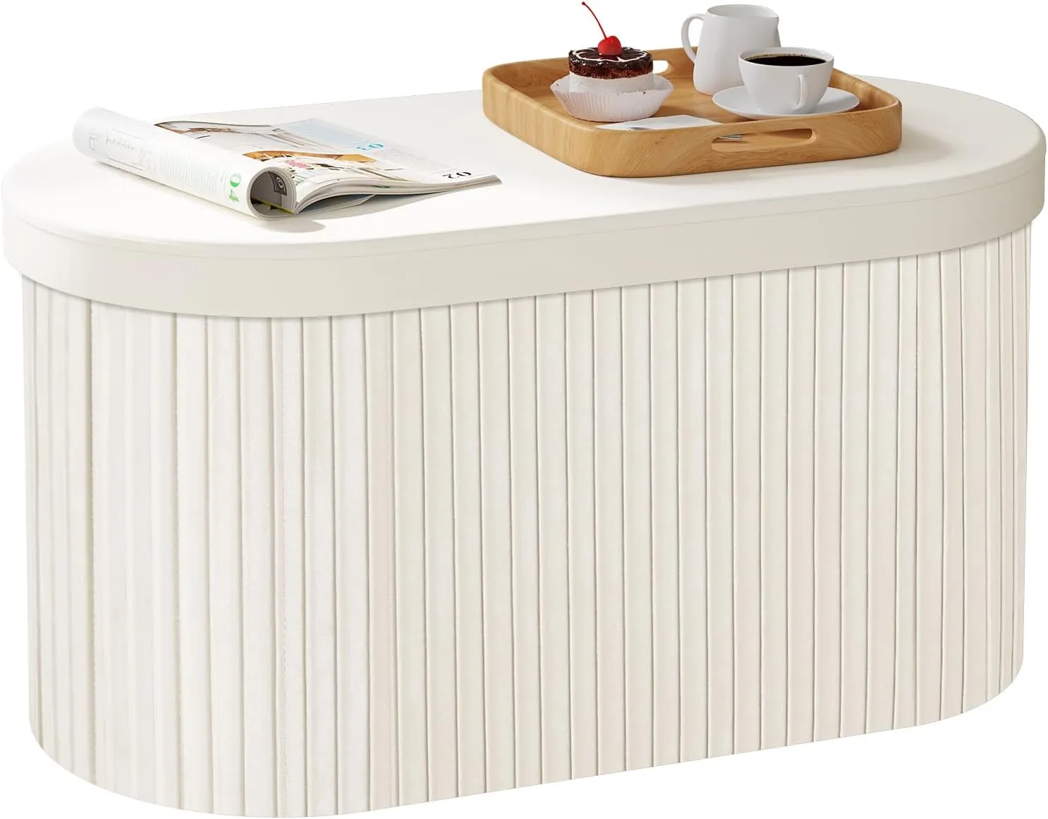 Bild von WOLTU Sitzbank mit Stauraum aus Velvet, faltbar und rund, 76x38x38 cm in Creme
