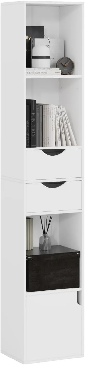 Bild von WOLTU SK028ws Bücherregal in Weiß mit Schubladen und Tür, ideal für Wohnzimmer und Schlafzimmer, Maße 30 x 158 x 24 cm