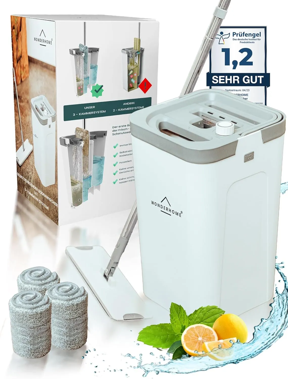 Bild von Wonderhome Bodenwischer Set mit Eimer und innovativer Auswringfunktion, 3 Kammer Wischmop und 140 cm verlängerter Stange