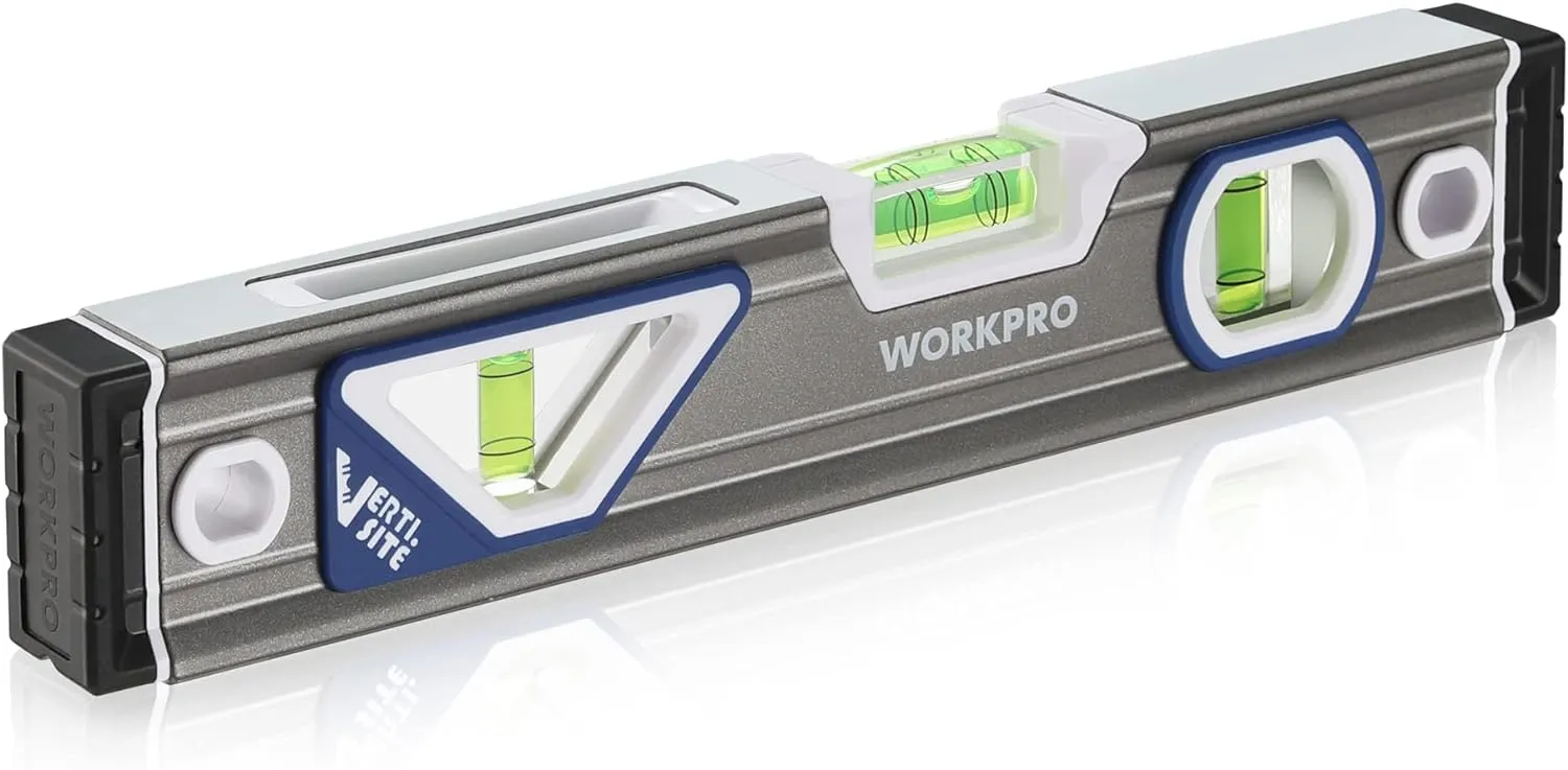 Bild von WORKPRO 25 cm Profi Wasserwaage aus Aluminium mit stoßdämpfenden Gummi-Endkappen und drei Libellen
