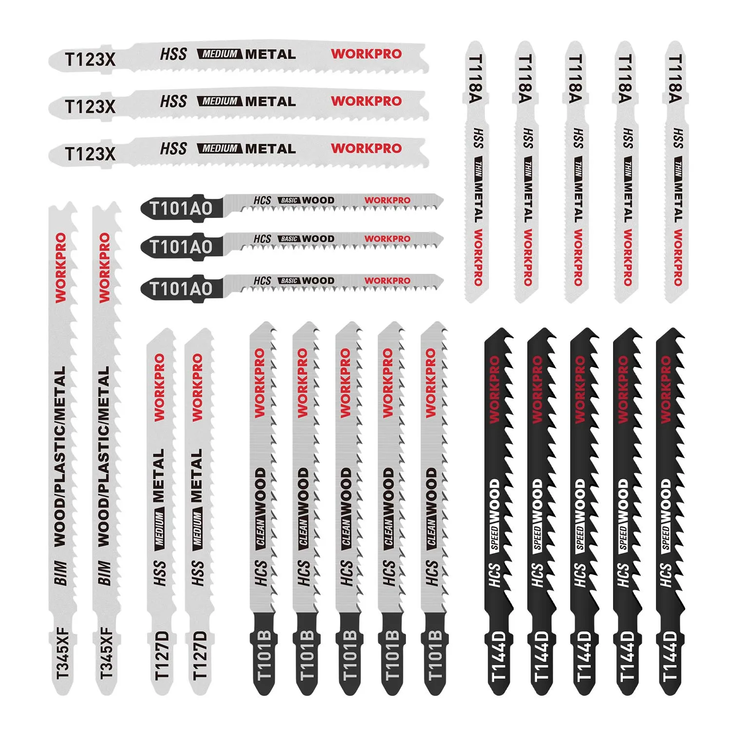Bild von WORKPRO 25-teiliges Set mit T-Schaft Stichsägeblättern aus HSS, BIM und HCS für Holz, Kunststoff und Metall in Kunststoff-Box
