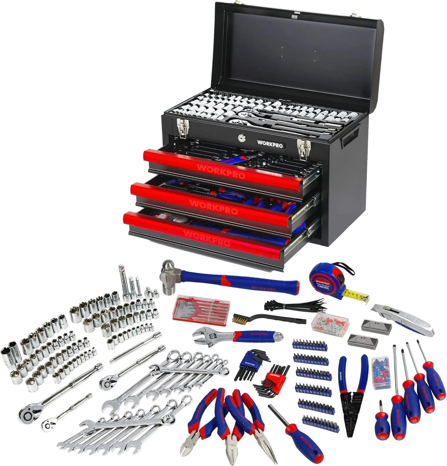 Bild von WORKPRO Werkzeugkoffer mit 408 Teilen und 3 Metallschubladen, ideal für Mechaniker und Werkstätten