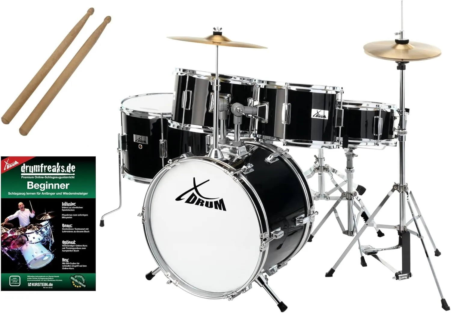 Bild von XDrum Junior Pro Kinder Schlagzeug in Schwarz für Kinder von 5 bis 9 Jahren mit komplettem Zubehör und Unterrichtsmaterial
