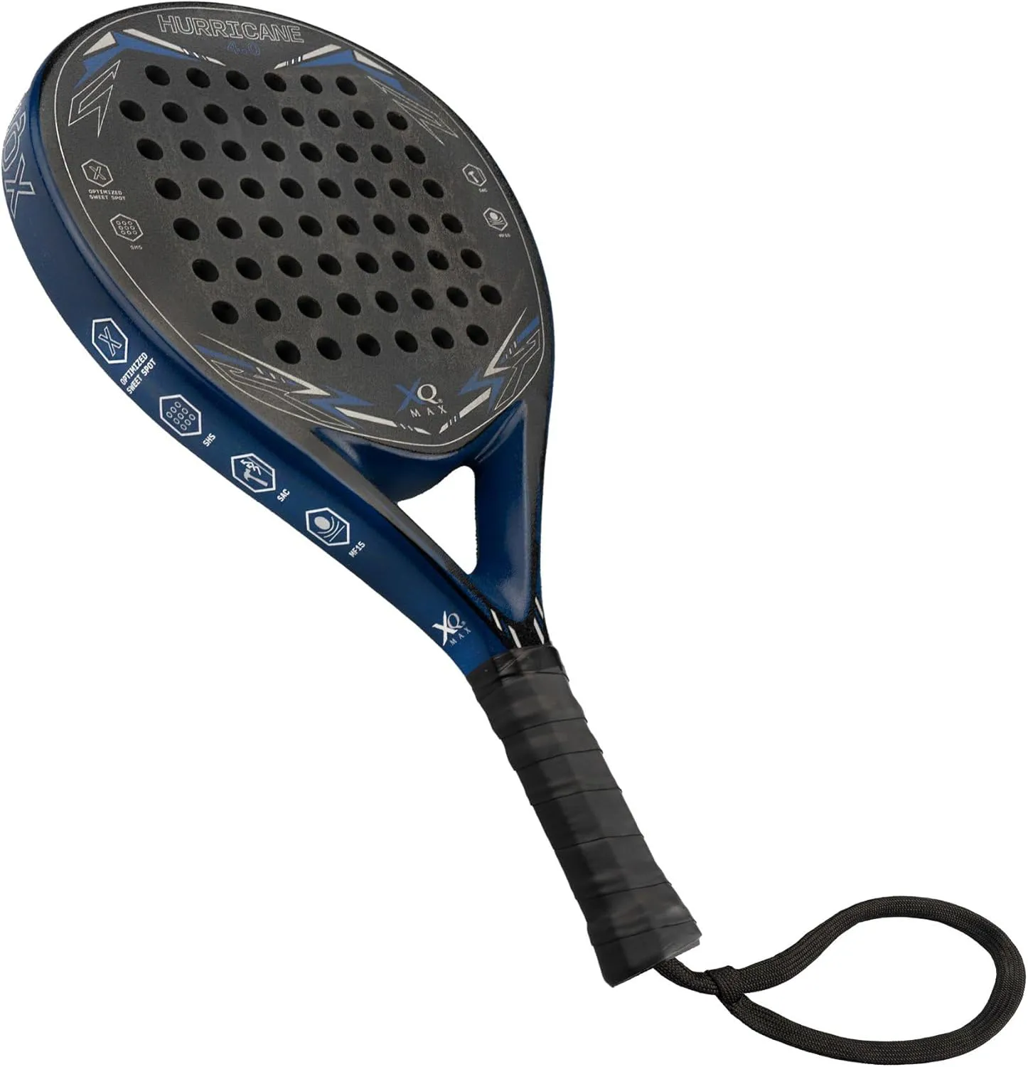 Bild von XQMax Hurricane Padel Schläger 4.0 in Schwarz und Blau für Einsteiger mit Handgelenksband und tropfenförmiger Form aus Carbon, Glasfaser und Schaumstoff
