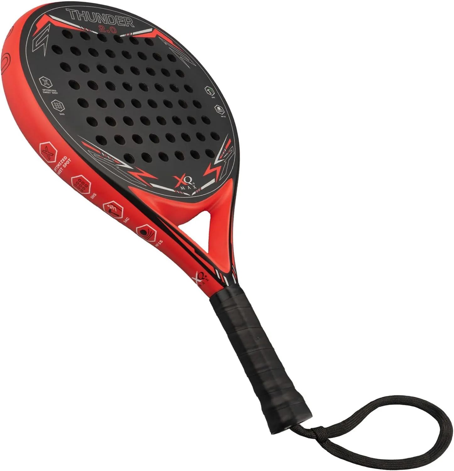 Bild von XQMax Thunder Padel Schläger 2.0 in Schwarz und Rot für Einsteiger mit Handgelenksband und runder Form aus Carbon, Glasfaser und Schaumstoff