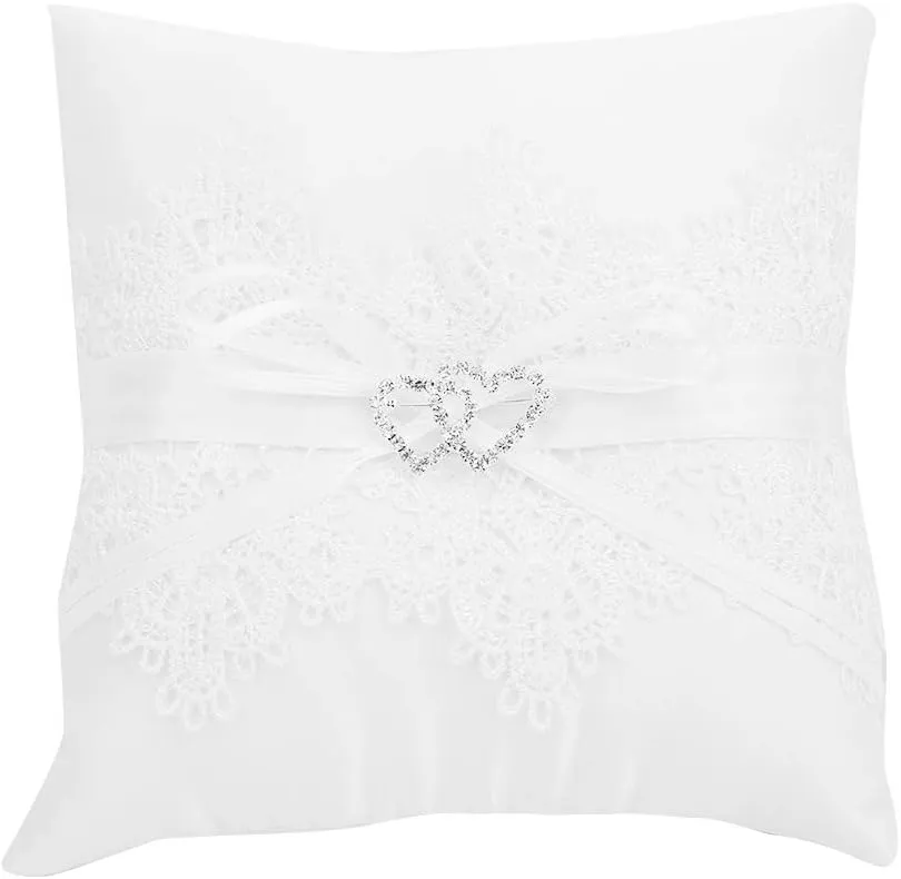 Bild von Yagosodee Hochzeit Ringkissen mit Satinband in Weiß für Verlobungs- und Eheringe