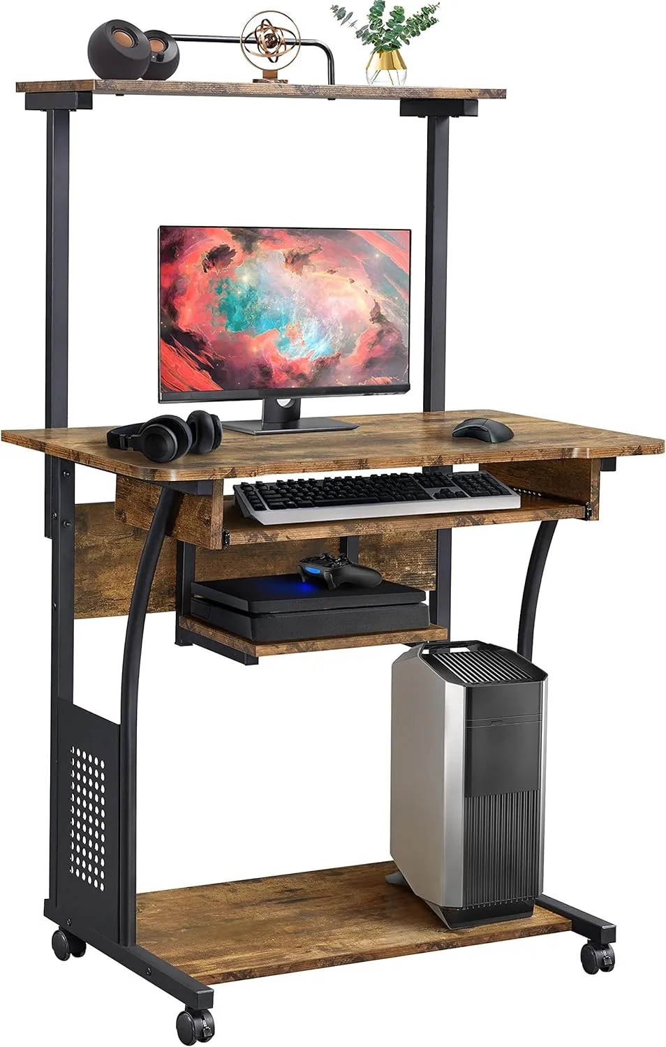 Bild von Yaheetech Computertisch mit Regal und Rollen im Vintage-Stil, 80 x 50 x 132 cm