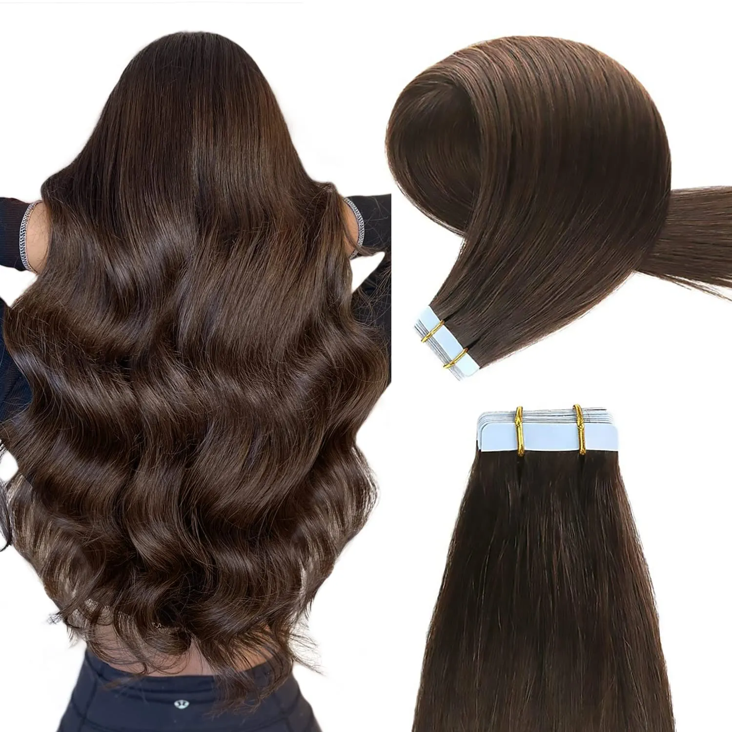 Bild von YILITE Tape Extensions aus echtem Haar in Dunkelbraun, 35 cm, 20 Stück, 40 g, seidig und gerade