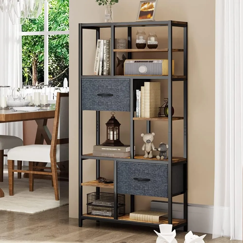 Bild von YITAHOME Bücherregal mit 7 Regalen und Schubladen in antik braun, geeignet für Wohnzimmer, Büro und Flur