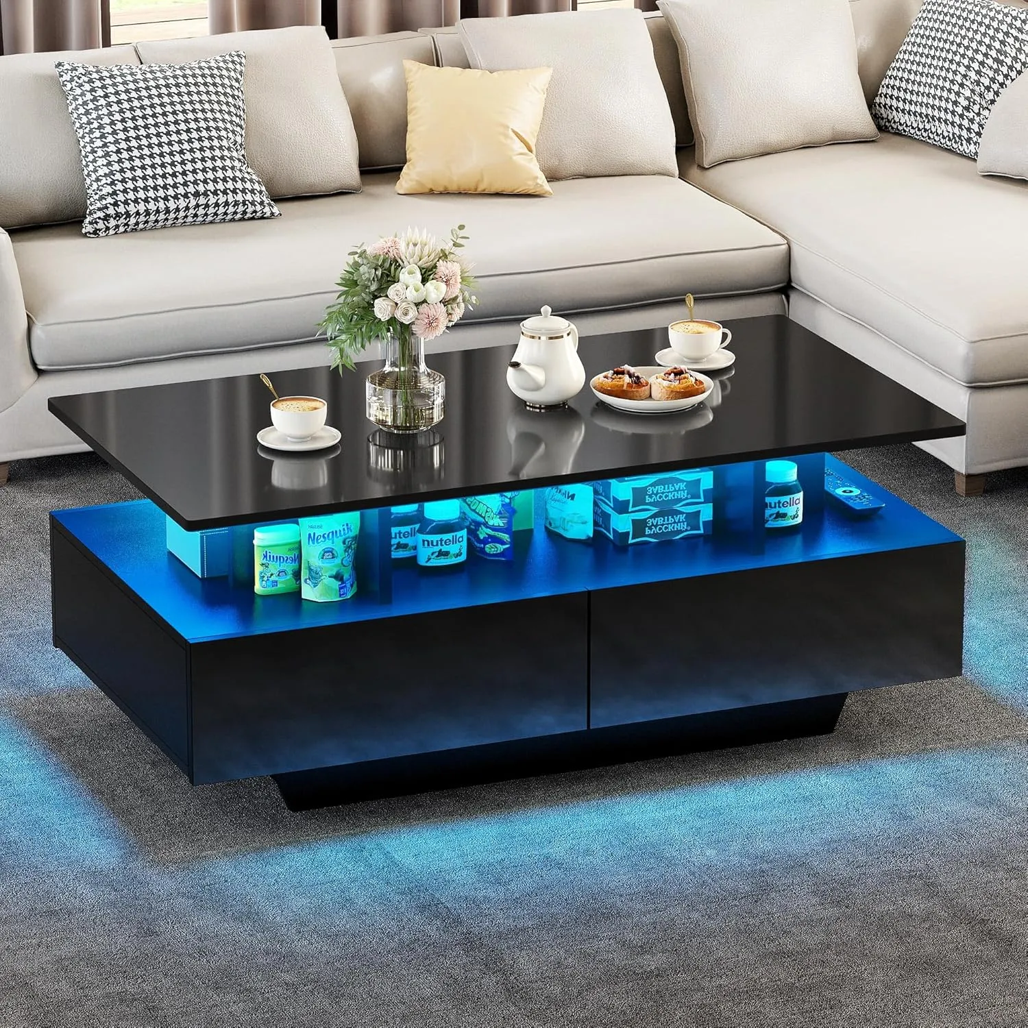 Bild von YITAHOME Couchtisch in Schwarz mit Hochglanzoberfläche, 16-farbiger LED Beleuchtung, offenem Regal und 4 Schubladen, Maße 90x55x41,1 cm