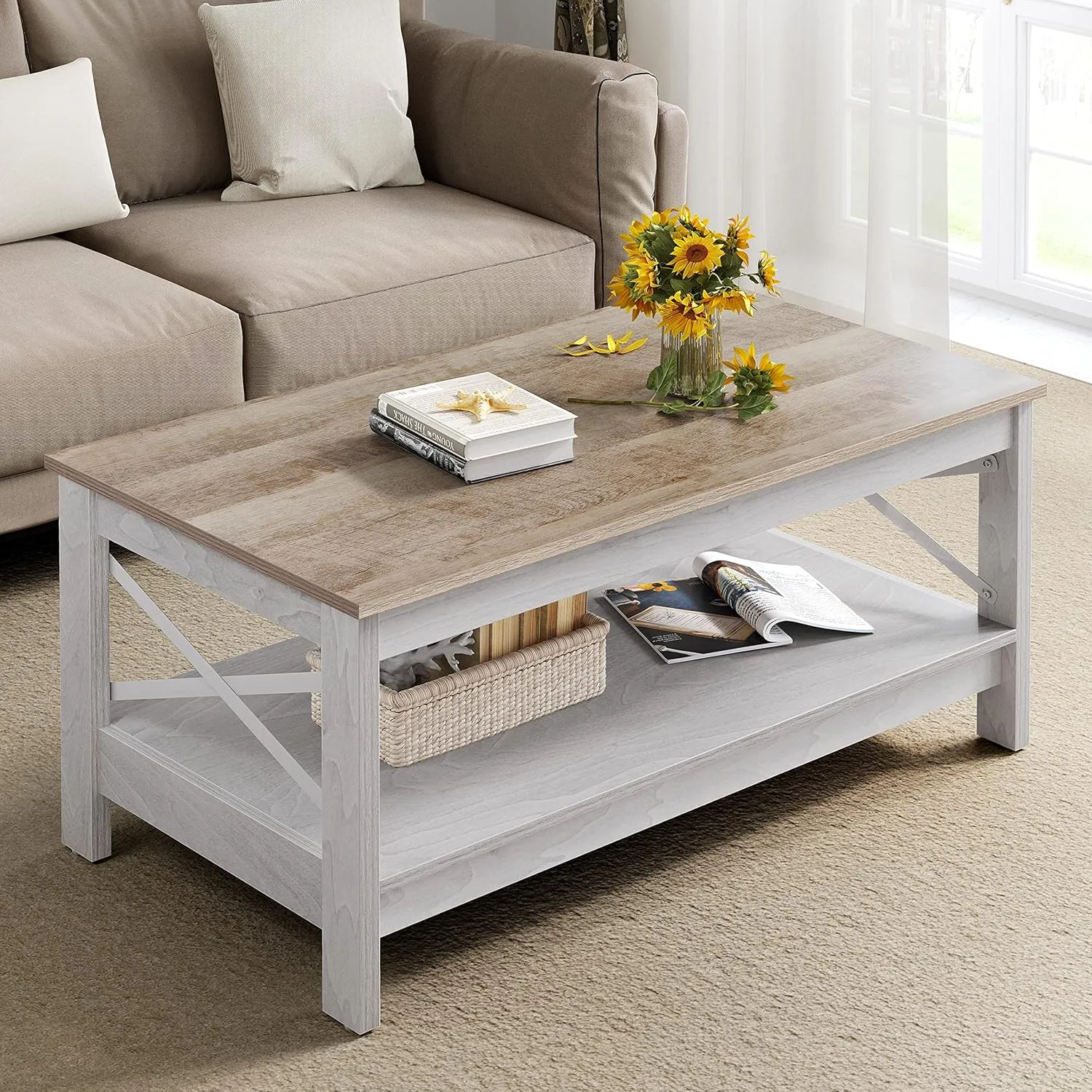 Bild von YITAHOME Couchtisch in Weiß und Grau, rechteckig, 2-stöckig mit stabiler X-Form Metallunterstützung, Maße 100x55,3x45 cm