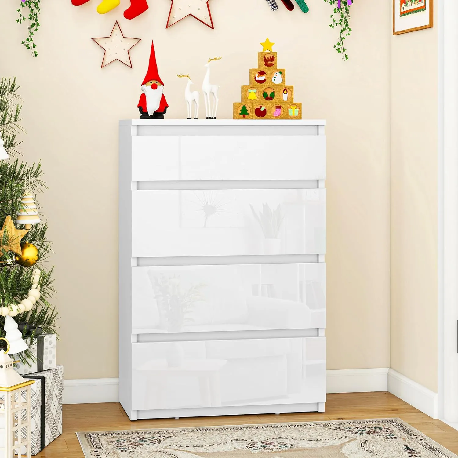 Bild von YITAHOME Holzkommode in Weiß mit 4 Schubladen, zeitgenössisches Design, Maße 92 x 33 x 60 cm