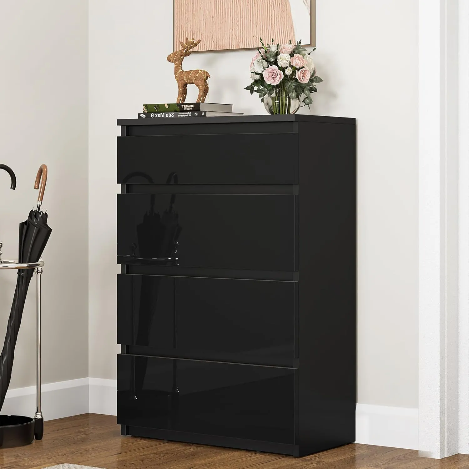 Bild von YITAHOME Kommode aus Holz in Schwarz mit 4 Schubladen, Hochglanz, 92 x 33 x 60 cm