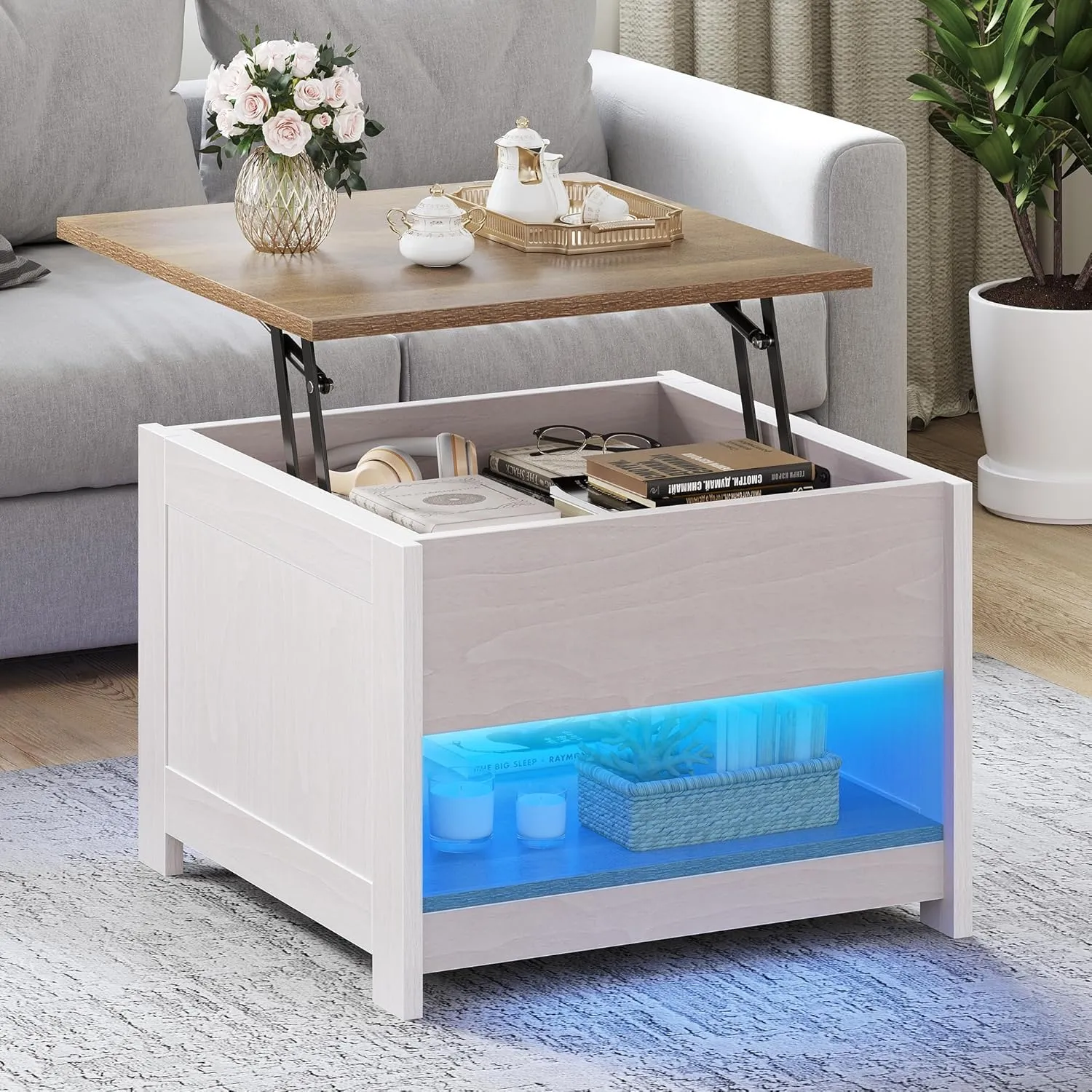 Bild von YITAHOME quadratischer Couchtisch mit höhenverstellbarer Hebeplatte und stabilem Metallrahmen, Maße 60 x 60 x 45 cm
