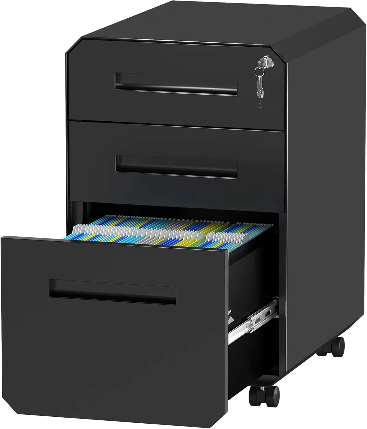 Bild von YITAHOME Rollcontainer mit 3 abschließbaren Schubladen, mobiler Büroschrank in Schwarz, 51 x 40 x 64 cm