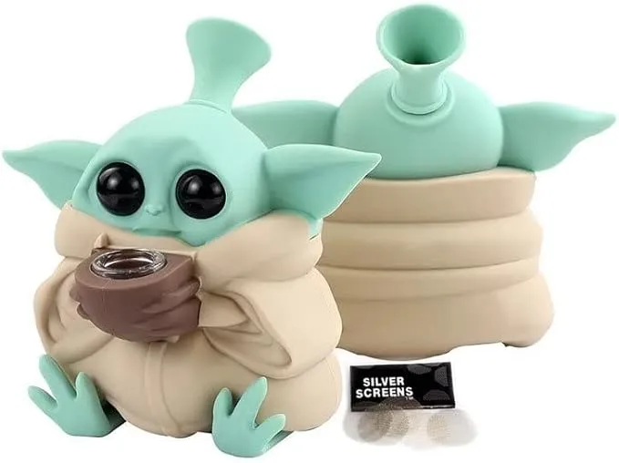 Bild von Yoda Mini Silikon Bong mit Perkolator und 14,5 mm Kopf, 12 cm hoch, inklusive geruchssicherem Aufbewahrungstopf