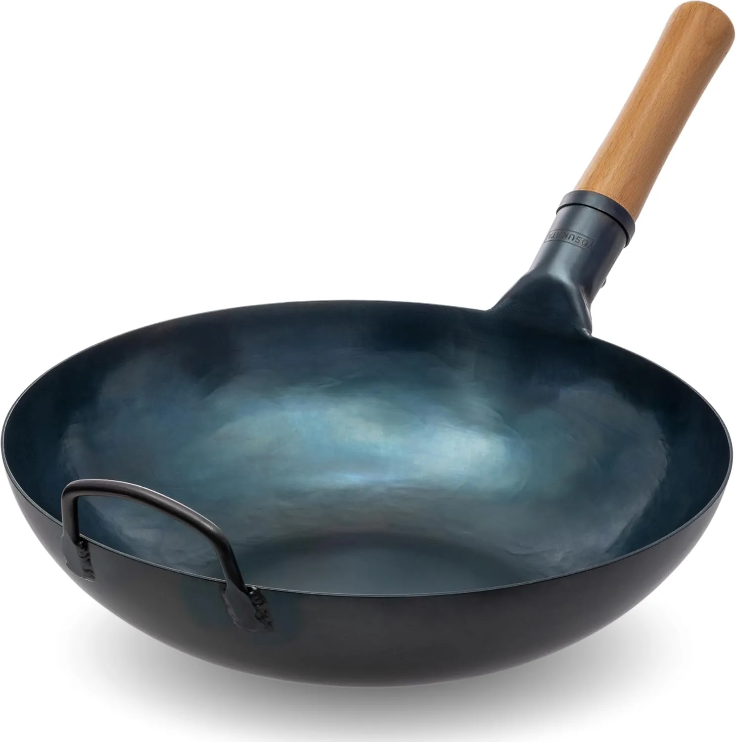 Bild von YOSUKATA Wokpfanne aus Karbonstahl mit 34 cm Durchmesser, voreingebrannt, flacher Boden, geeignet für Induktions-, Gas- und Elektroherde, Farbe Blau