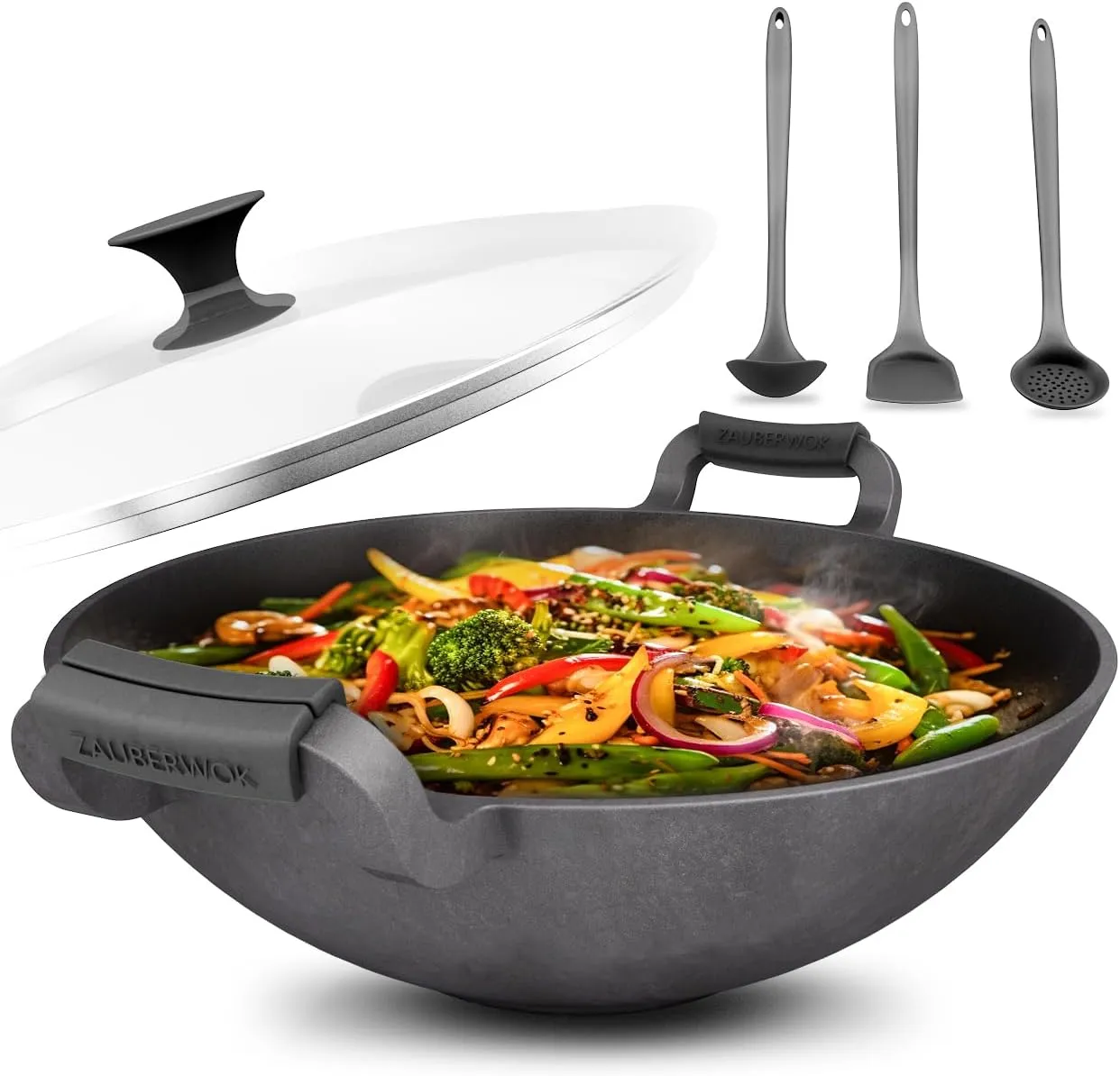 Bild von Zauberwok 33cm Gusseisen Wok mit Hitzeschutzgriffen und Deckel, induktionsgeeignet für Herd und Grill
