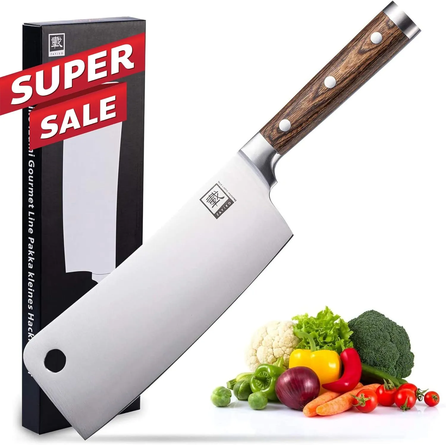 Bild von Zayiko Hackmesser mit 18 cm Klinge aus deutschem Stahl und Pakkaholzgriff in Geschenkbox der Serie Izumi