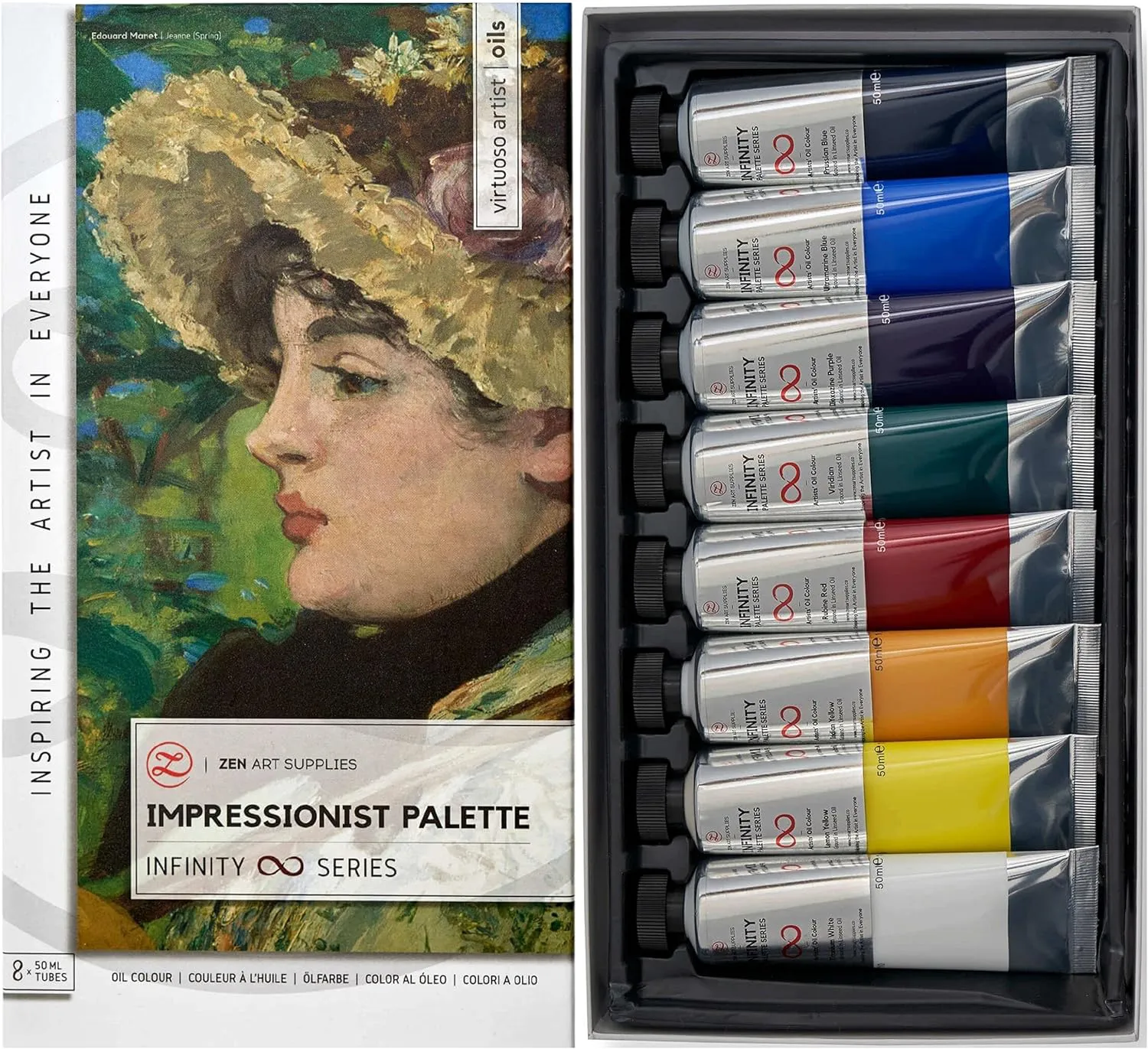 Bild von ZenART Ölfarben Set mit 8 großen 50 ml Tuben in einer impressionistischen Palette, umweltfreundlich und lichtecht mit hoher Pigmentierung