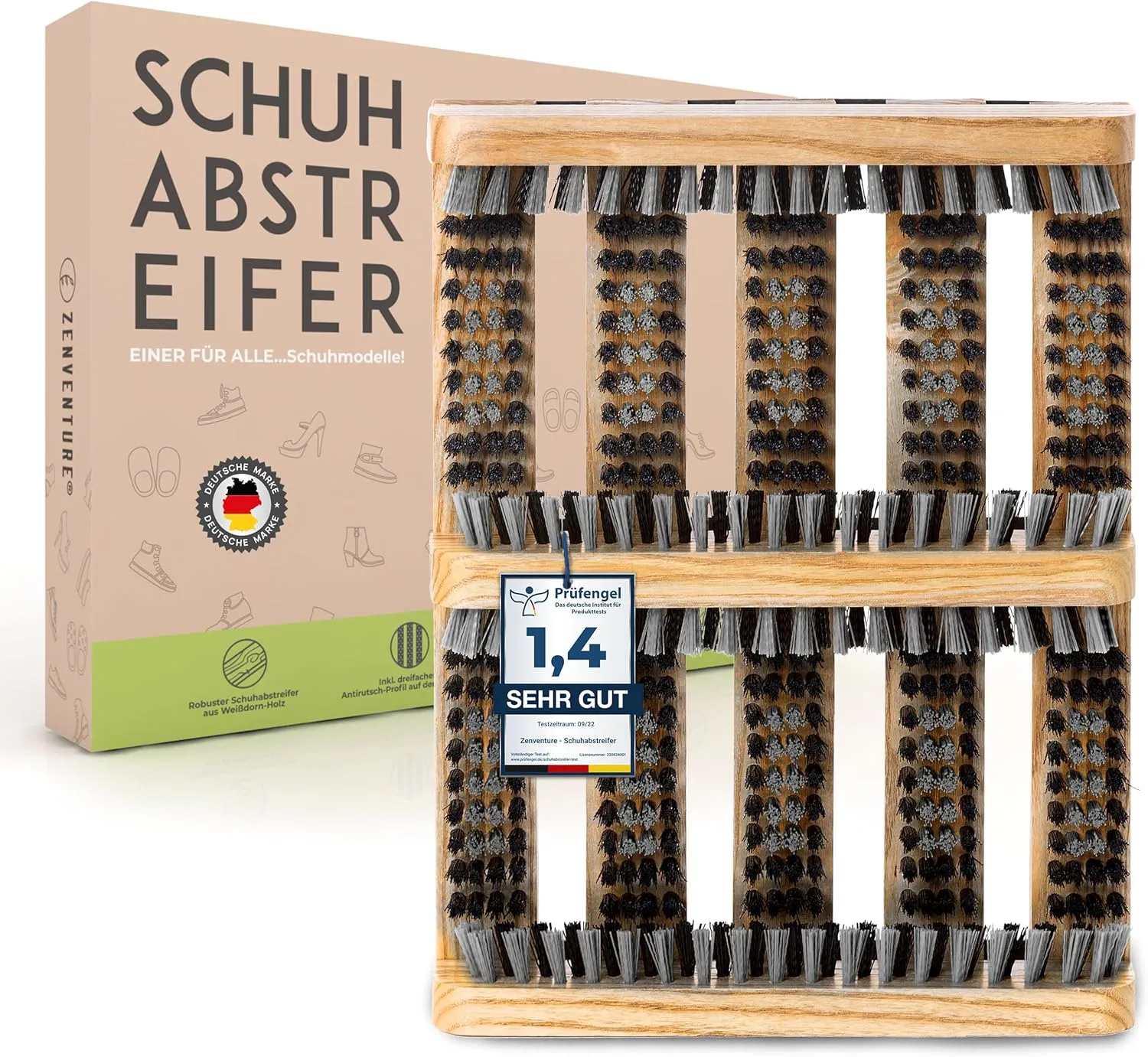 Bild von ZENVENTURE Schuhabstreifer aus Weißdornholz mit Antirutsch-Profil, 36 x 27 x 5 cm, für Innen und Außen, in Beige