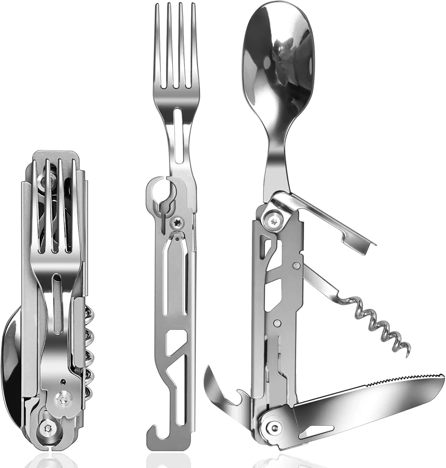 Bild von ZIMAIC 5 in 1 Klappbesteck Set aus Edelstahl für Camping mit Messer, Gabel und Löffel in einem Kordelzugbeutel