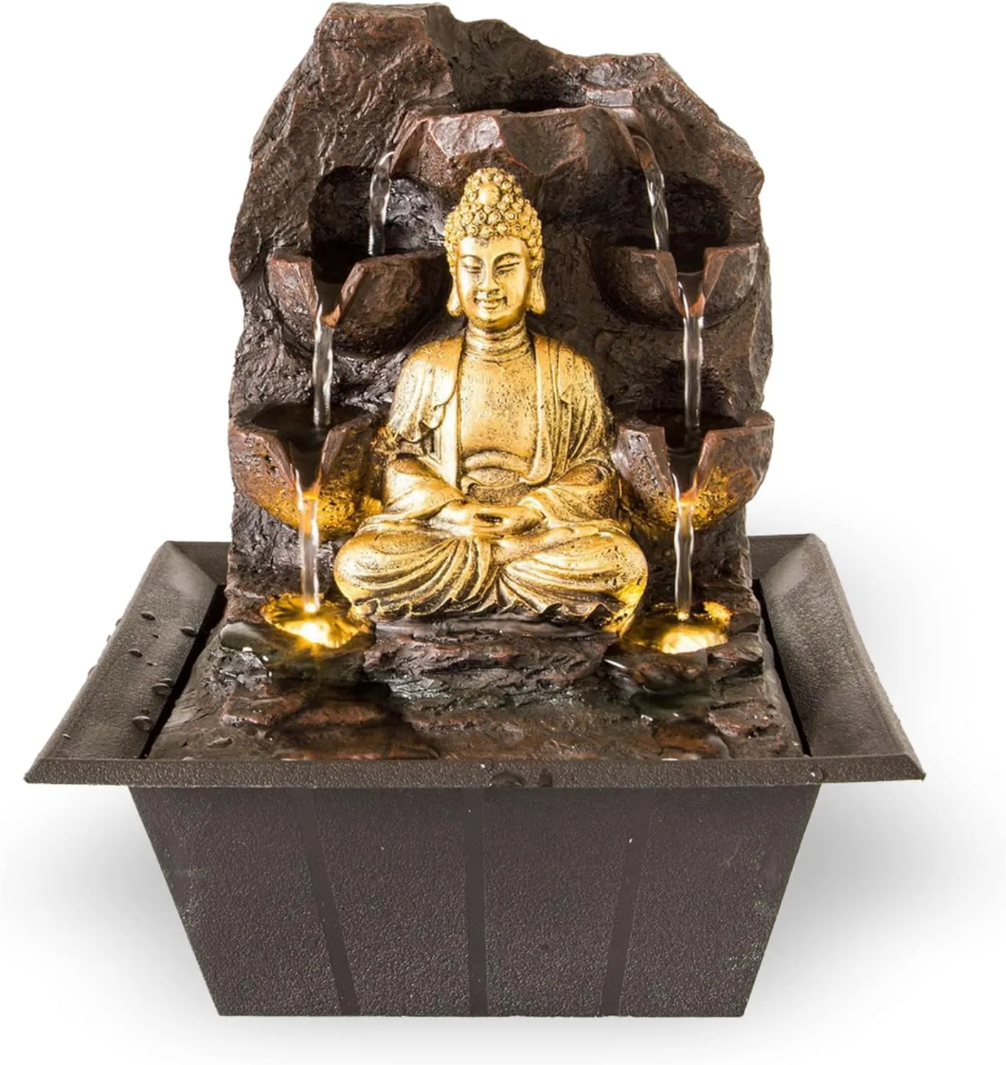 Bild von Zimmerbrunnen mit goldenen Buddha und LED-Beleuchtung in Felsenoptik für ein entspanntes Zuhause