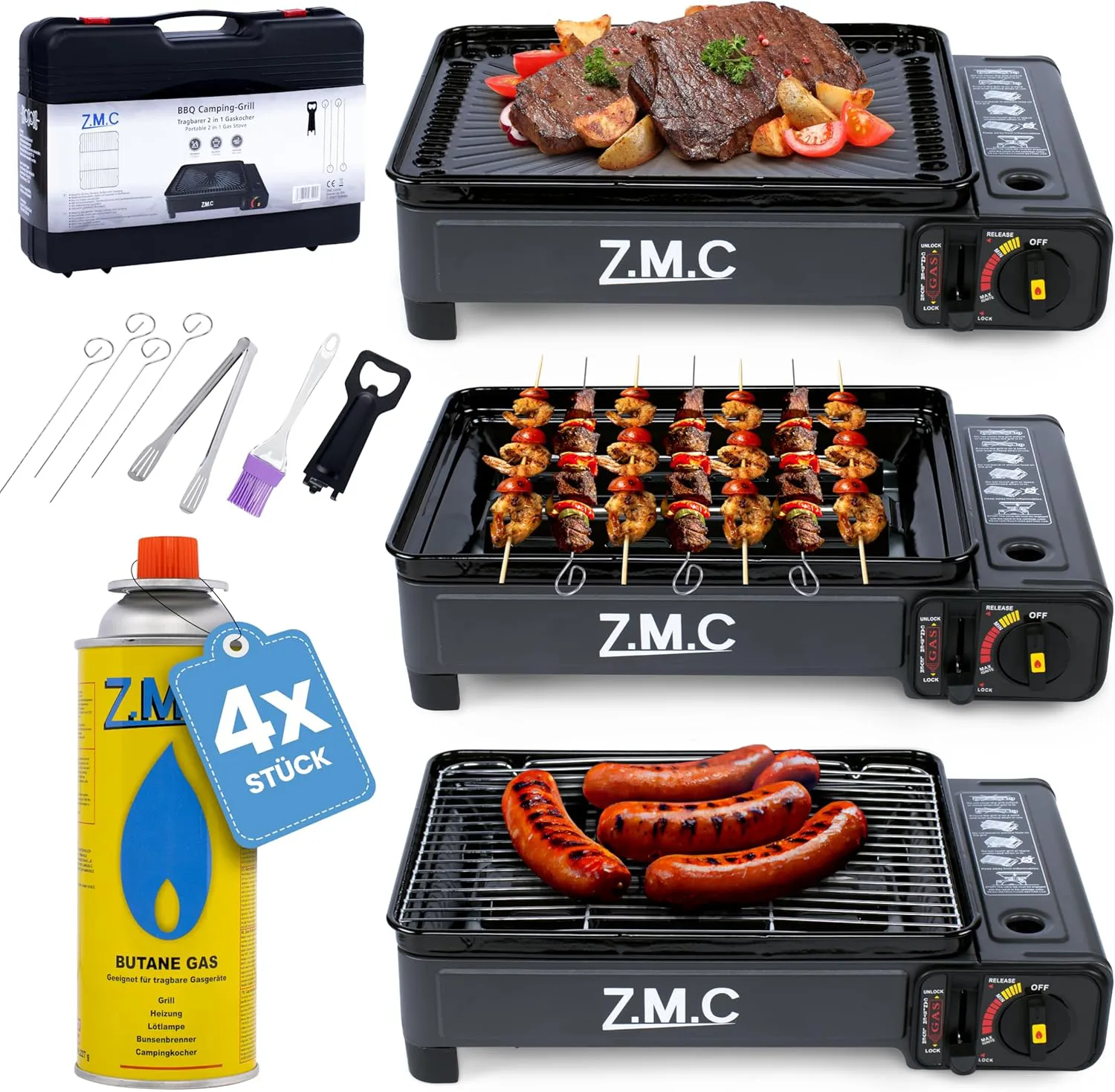 Bild von ZMC 2-in-1 tragbarer Gaskocher und Grill mit Zubehör und 4 Gaskartuschen, inklusive Grillplatte und Grillrost, im Tragekoffer, 3,8 kg, mit Piezo-Zündung für Outdoor und Balkon