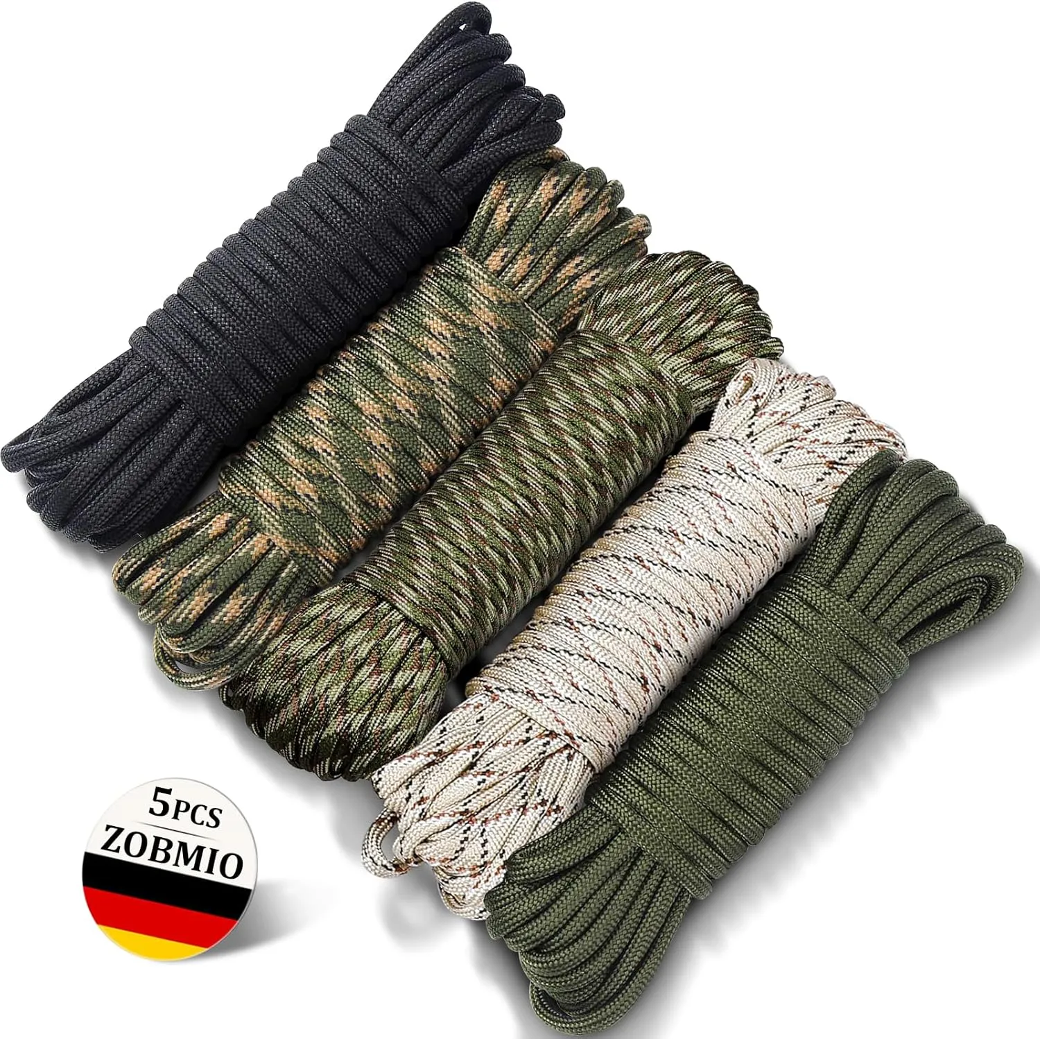 Bild von ZOBMIO Paracord Set mit 5 farbigen Seilen aus hochfestem Nylon, belastbar bis 250 kg, ideal für Camping und Outdoor-Aktivitäten