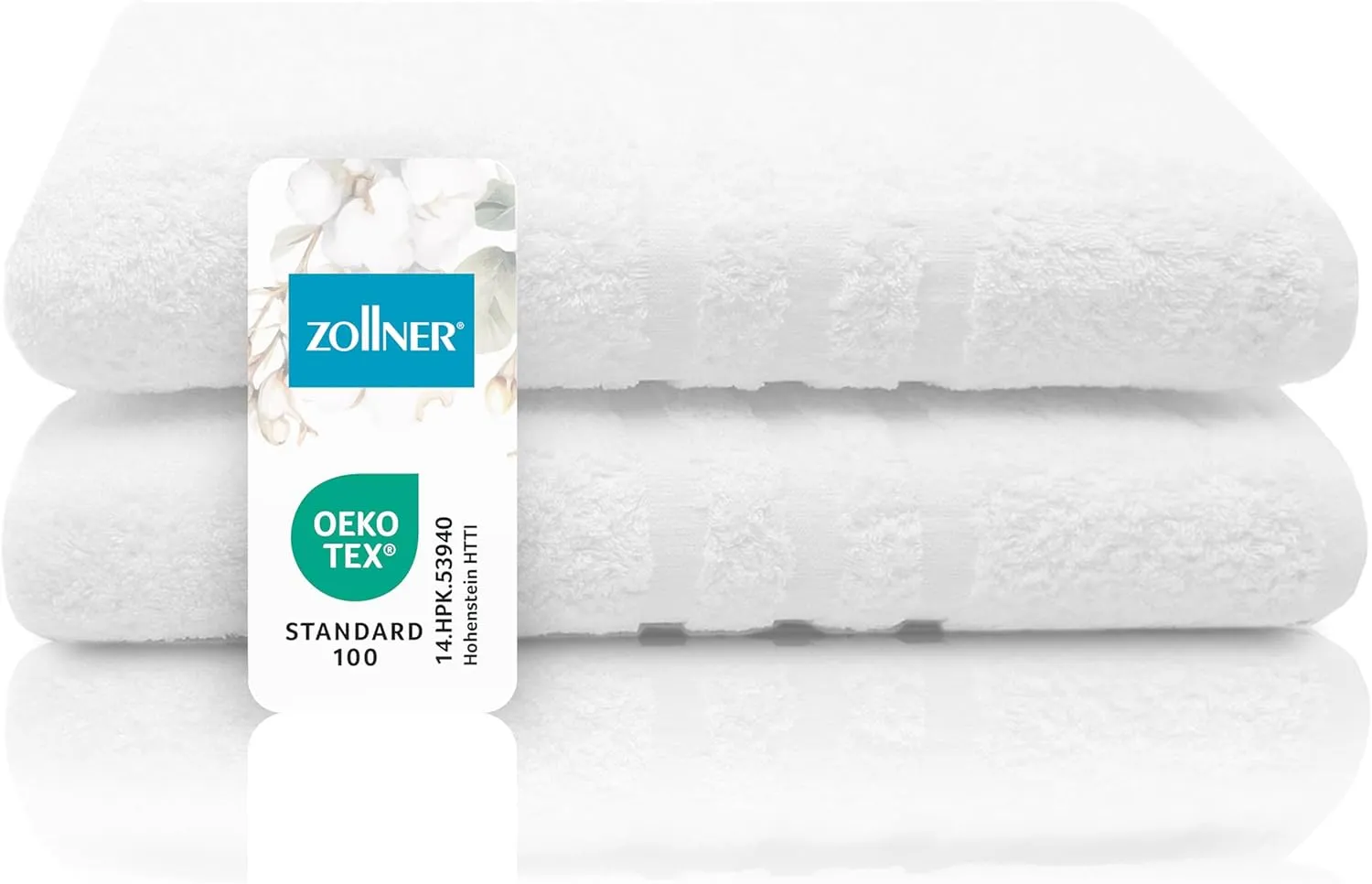 Bild von ZOLLNER 2er Set Badehandtücher 100x150 cm aus Baumwolle in Weiß mit Streifenbordüre und praktischen Aufhängern, waschbar bis 95°C