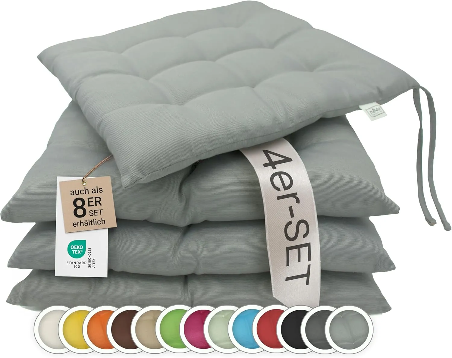 Bild von ZOLLNER 4er Set Sitzkissen 40x40 cm in grau, waschbar bis 30 Grad, Oeko Tex zertifiziert