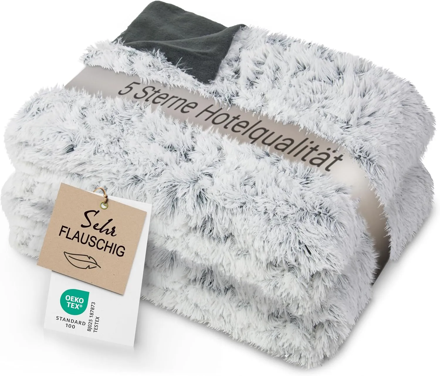 Bild von ZOLLNER Kuscheldecke in 150x200 cm aus grauem Fleece mit weißem Fellimitat, waschbar bis 30°C und Oeko Tex zertifiziert