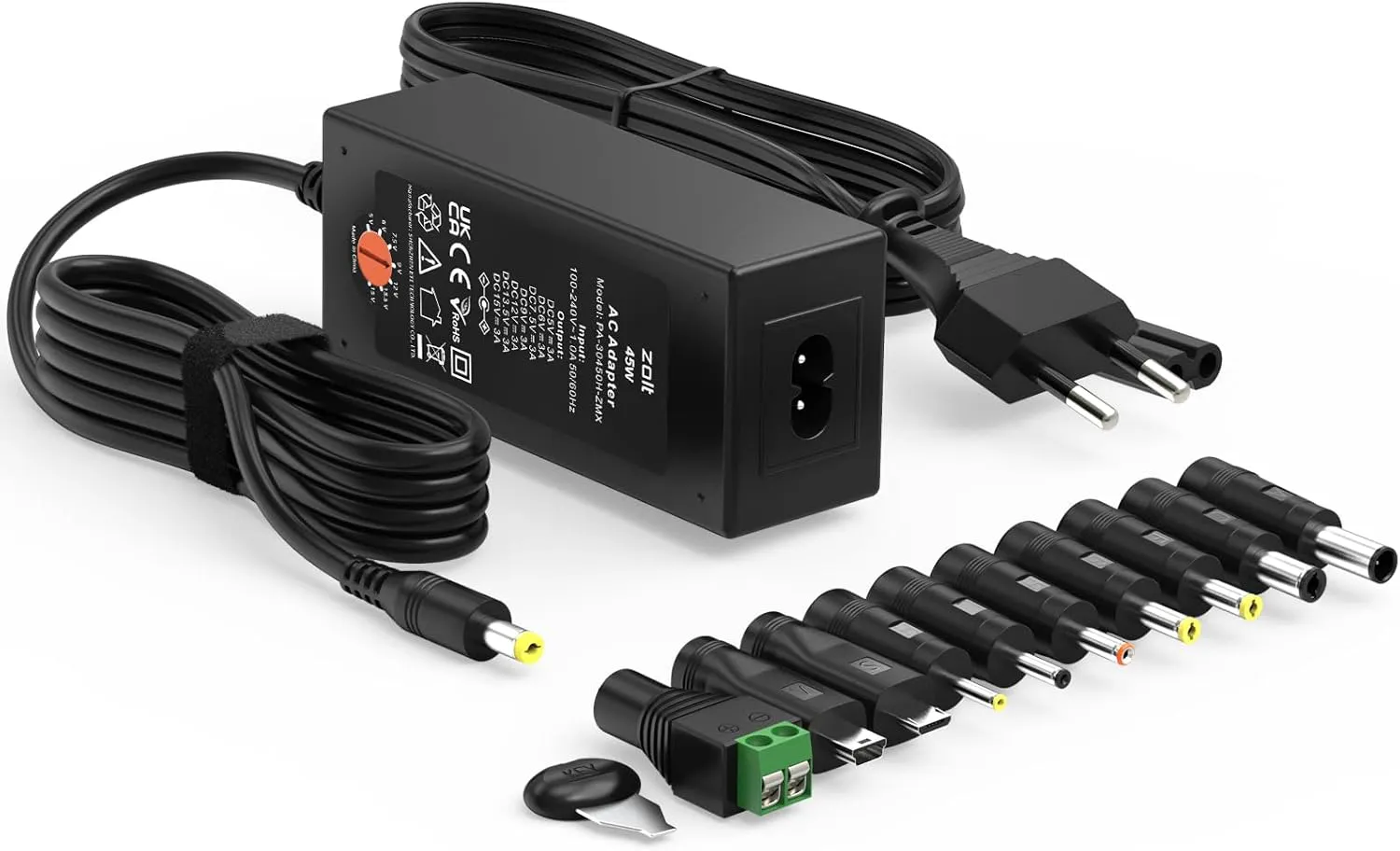 Bild von Zolt 45W Universal Netzteil mit 10 DC-Steckern für verschiedene Spannungen bis 15V und 3A Max.