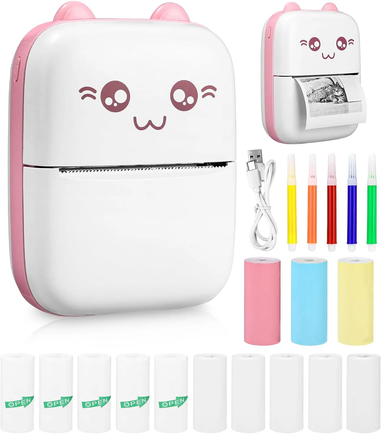 Bild von Zounin Tragbarer Mini Fotodrucker in Rosa mit 13 Rollen Papier und 5 Farben DIY Stift