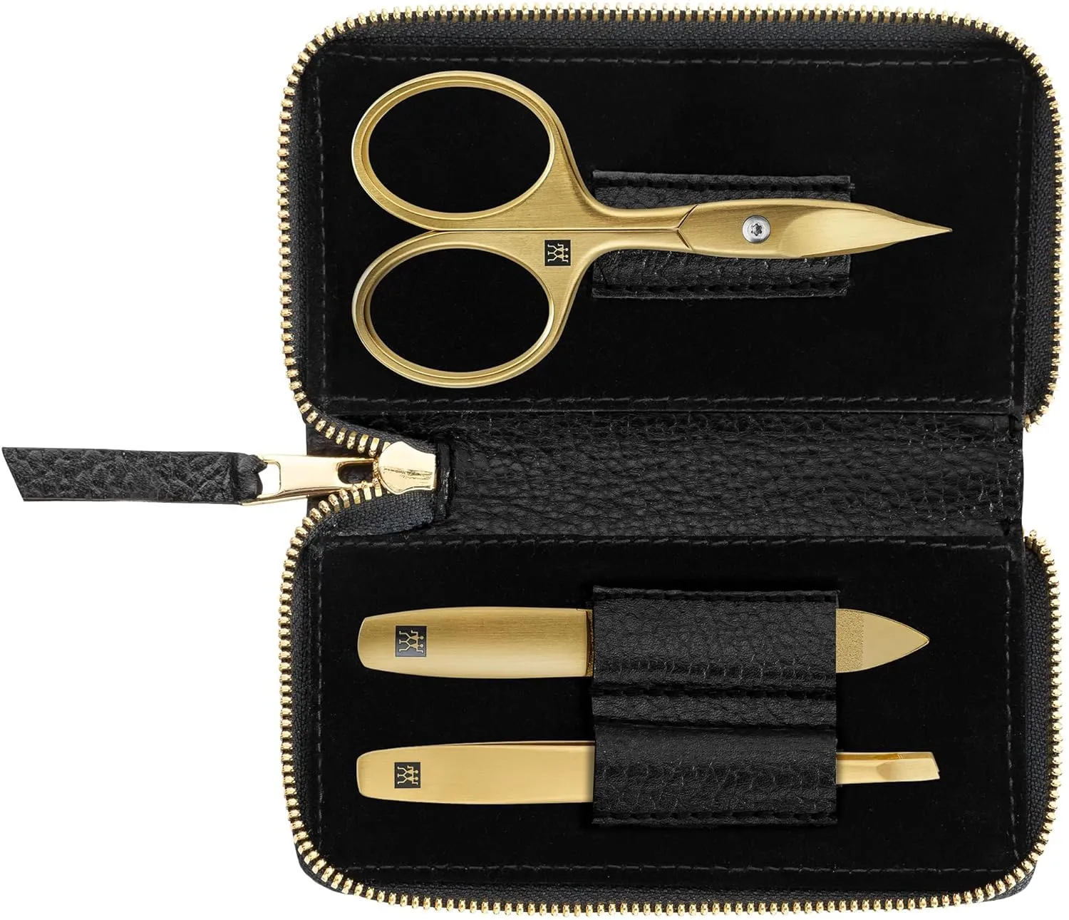 Bild von ZWILLING 3-teiliges Maniküreset in schwarzem Echtlederetui, Gold Edition mit Nagelschere für Hände und Füße