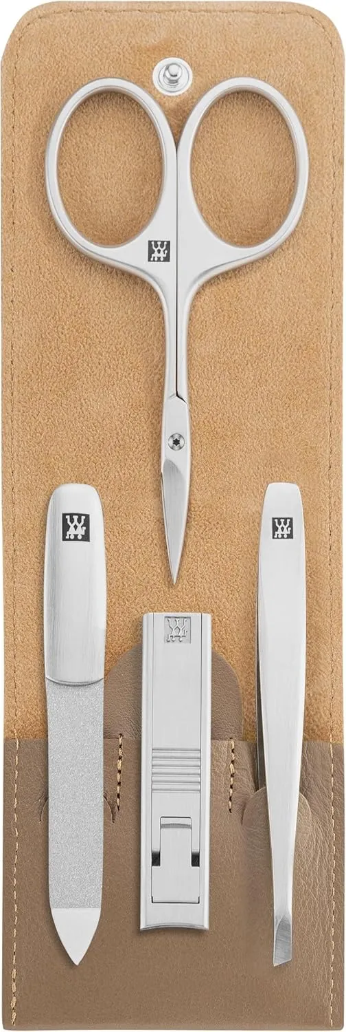Bild von ZWILLING 4-teiliges Maniküreset aus echtem Leder in Taupe mit Kompakt-Nagelknipser und Reißverschluss