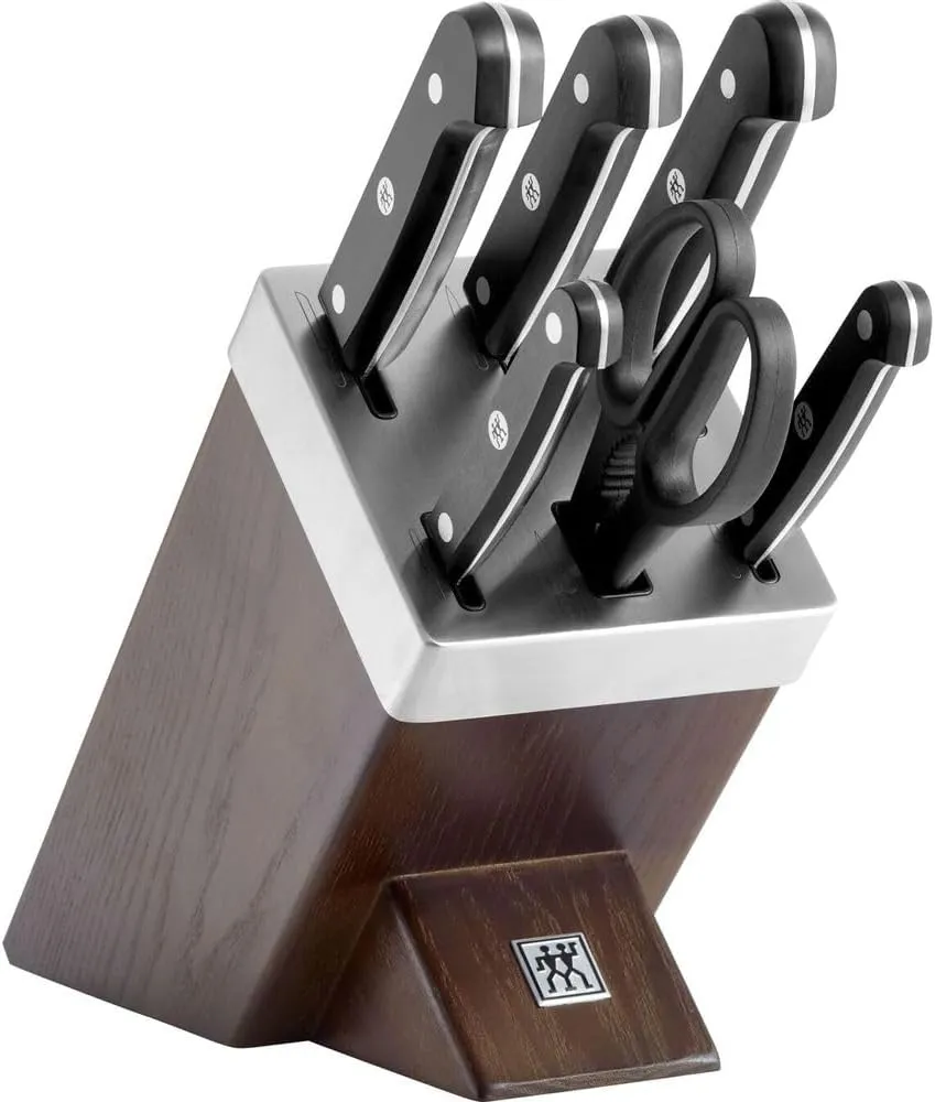 Bild von ZWILLING Gourmet 7-teiliges selbstschärfendes Messerblockset aus rostfreiem Spezialstahl mit Holzblock aus Esche in Braun
