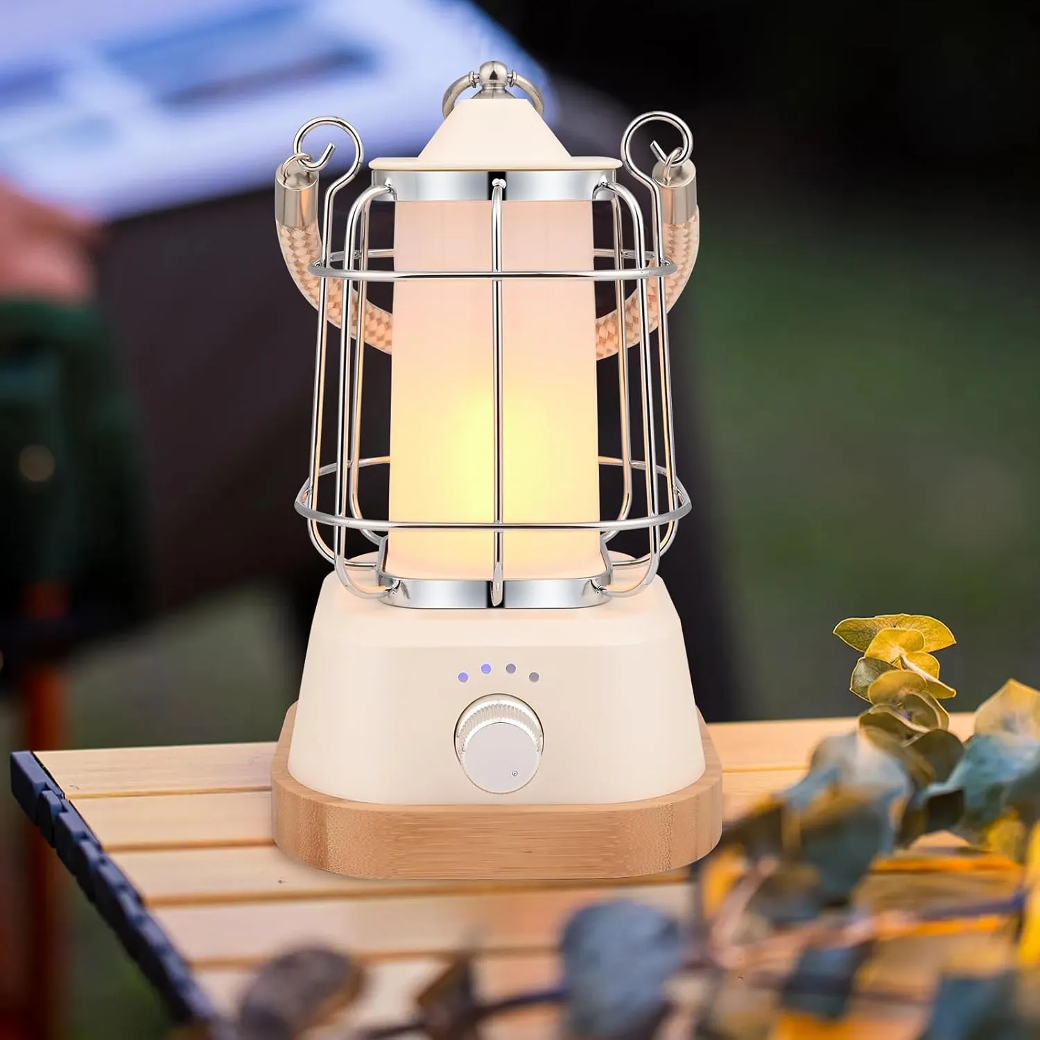 Bild von ZWOOS LED Campinglampe mit 400 Lumen, IP44, bis zu 80 Stunden Leuchtdauer, stufenlos dimmbar, einstellbare Farbtemperatur, drei Lichtfarben und wiederaufladbarem USB Akku, inklusive Hanfseil und Bambussockel