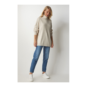 Bild von Happiness İstanbul Beiges Rollkragen-Sweatshirt für Damen in Übergröße