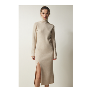 Bild von Happiness İstanbul Strickkleid mit Rollkragen und Schlitz in Beige für Damen
